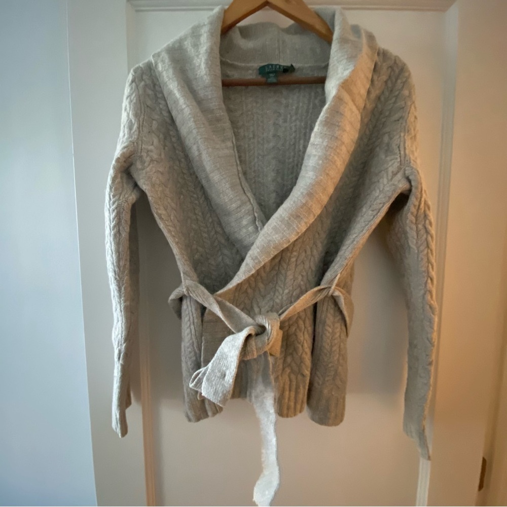 Lauren Ralph Lauren Gray Thick Knit 100% Wool Cardigan with Front Tie Size M
